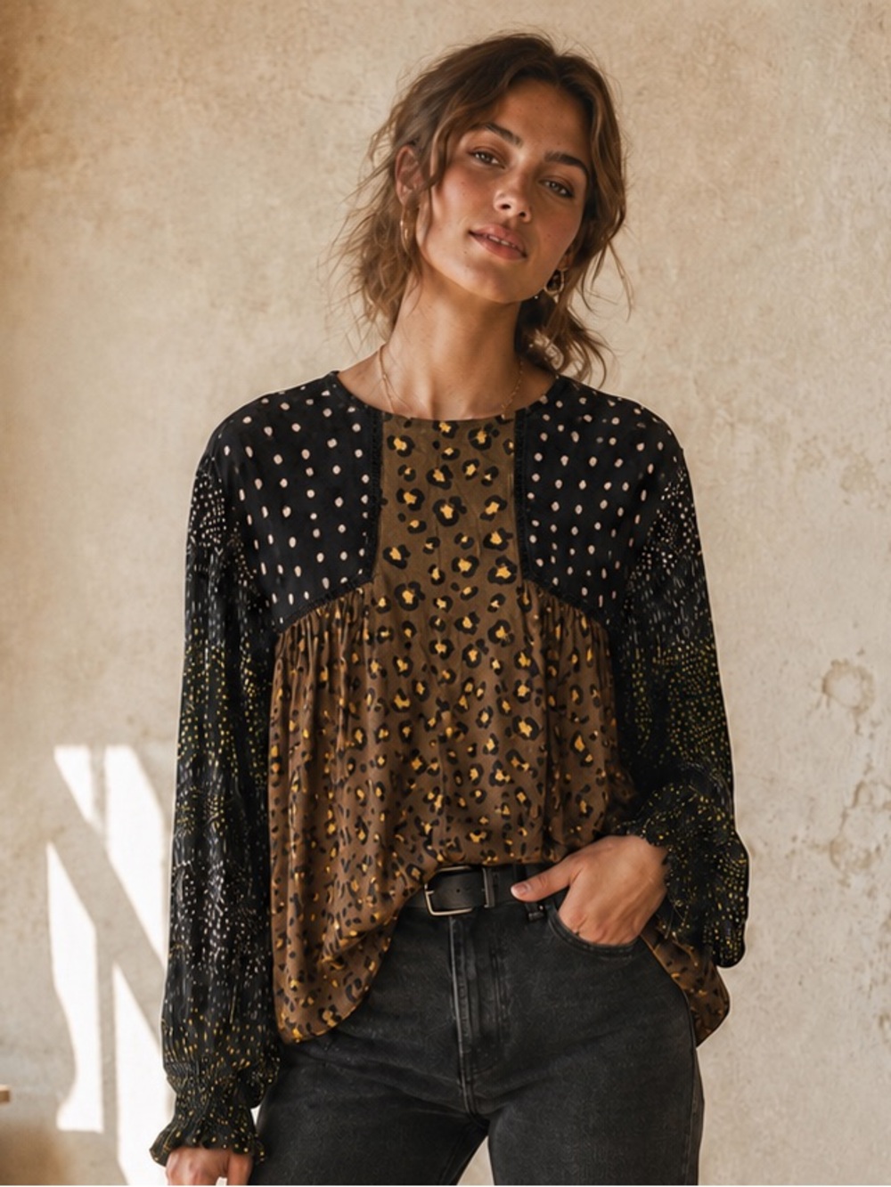 ANTHROPOLOGIE Bl-nk London Joelle Leopard Patchwork Blouse Size XS